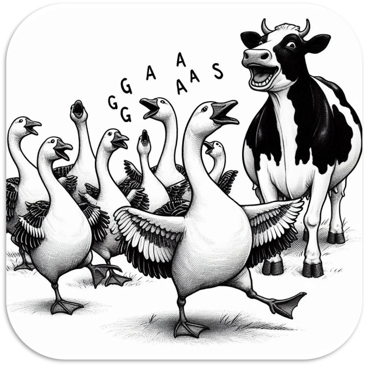 Black and white drawing of geese dancing before a laughing cow.